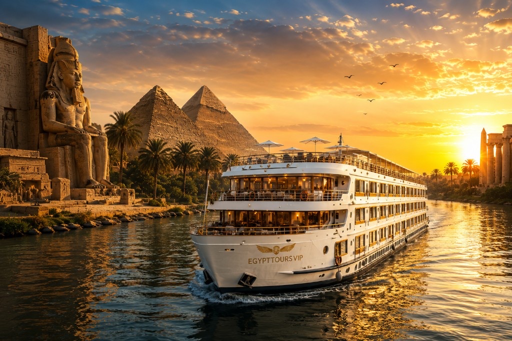 Luxury Nile cruise ship Egypt Tours VIP sailing past the Giza pyramids and ancient Egyptian temples at sunset